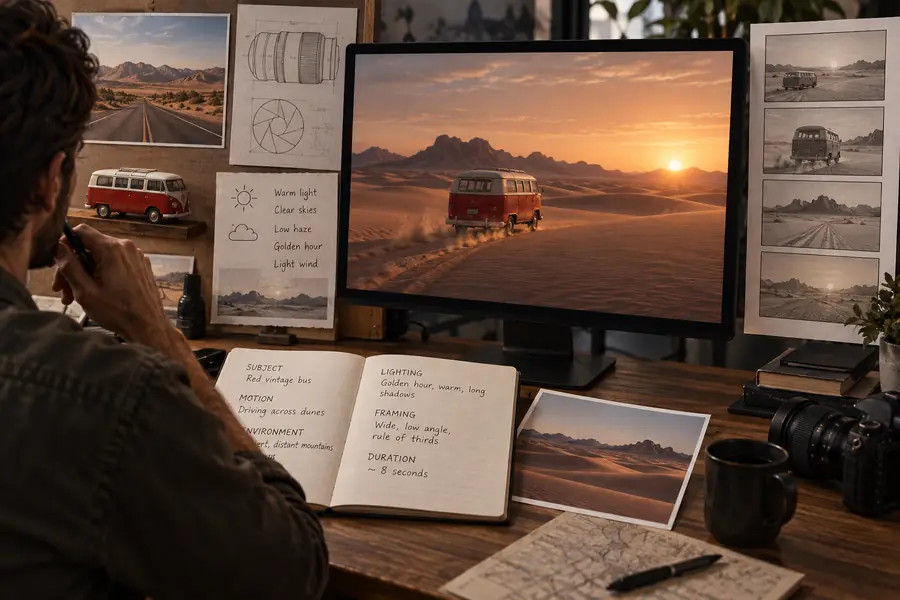 Structured prompt concept with a clear subject, action, camera, and setting